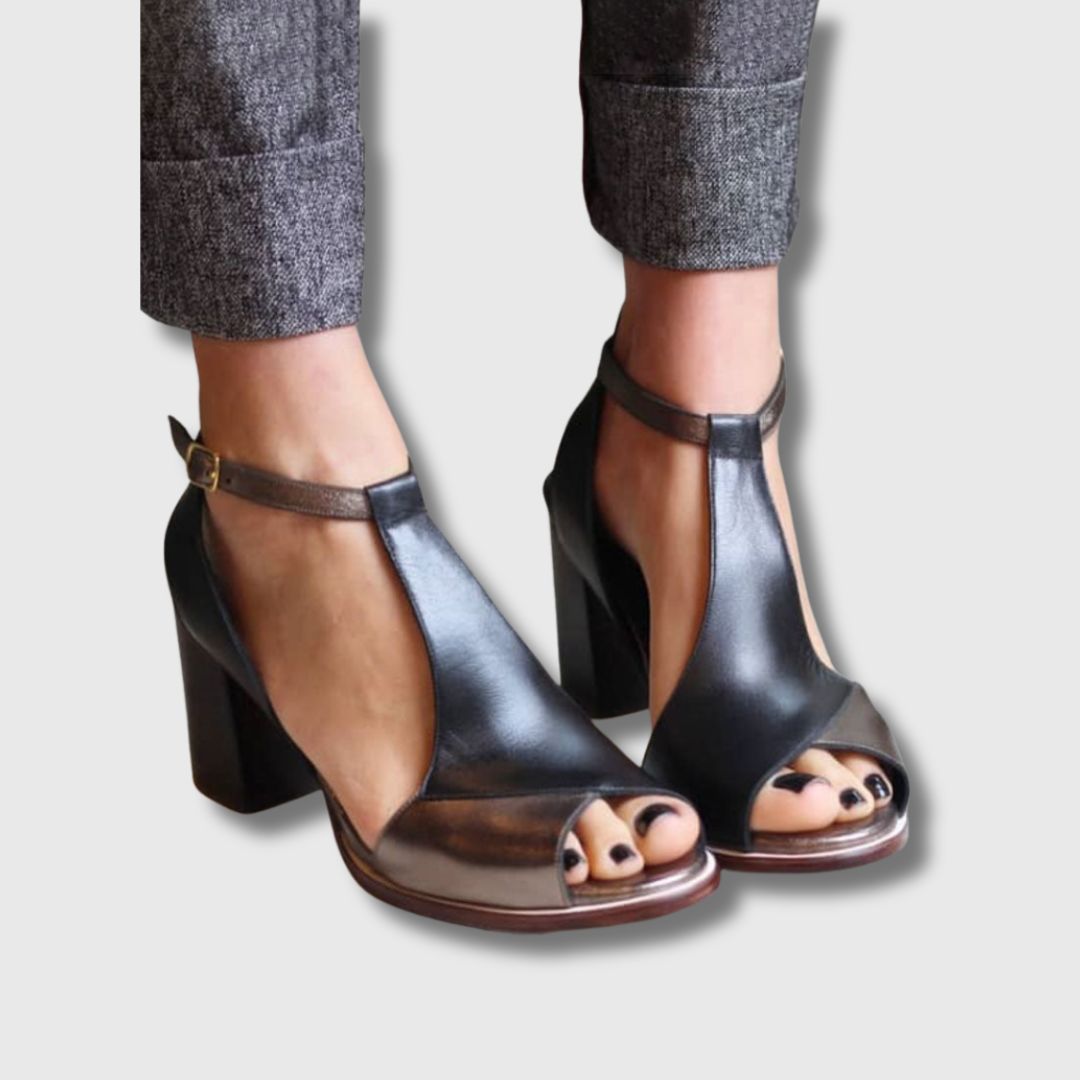 Anyao™ | Black Patchwork Open-Toe Heels for Women