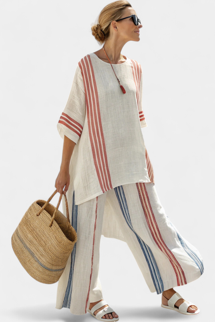 Elena – Ethnic Striped Set with Wide Cut