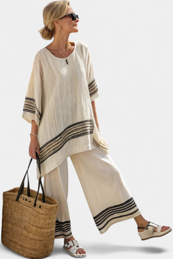 Elena – Ethnic Striped Set with Wide Cut