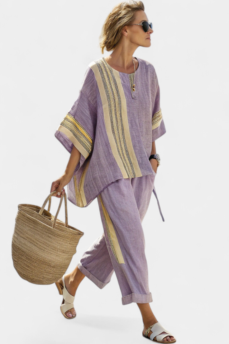 Elena – Ethnic Striped Set with Wide Cut